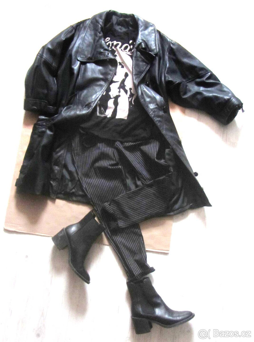 Vintage 80s černý kožený dámský kabát