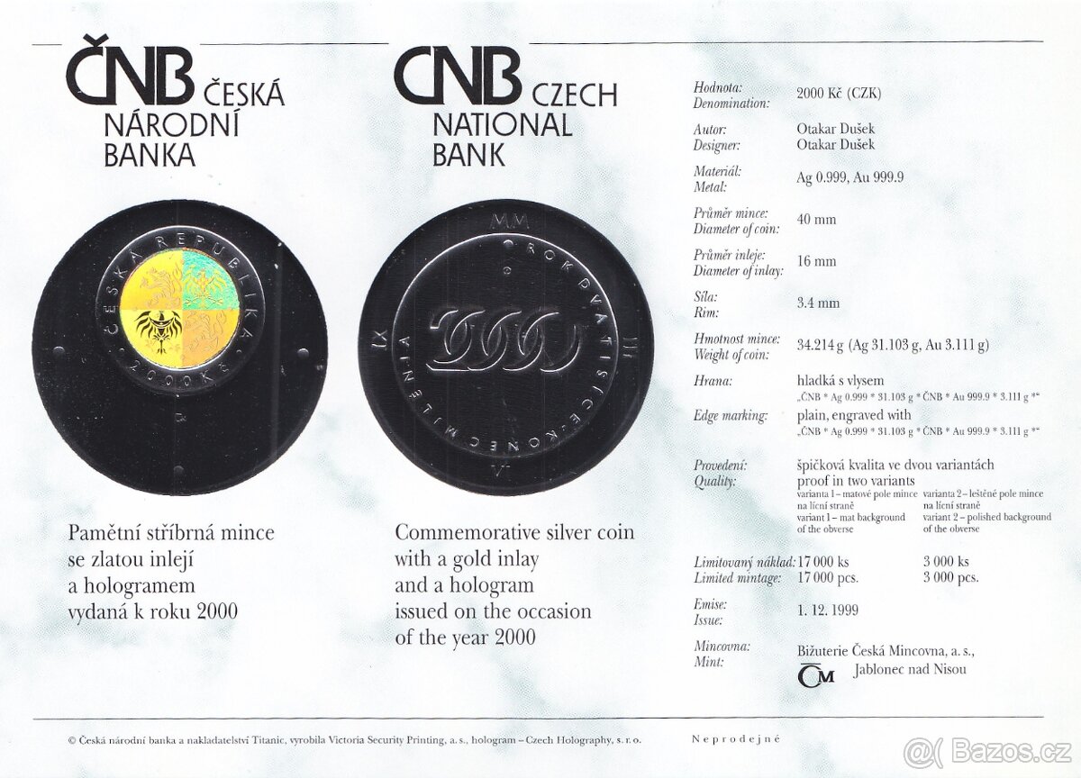 PROOF Certifikát 2000 Kč 1999 Bimet.mince s inlejí a hologr.