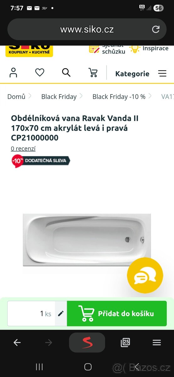 Nová obdelníková vana Ravak Vanda II 170x70