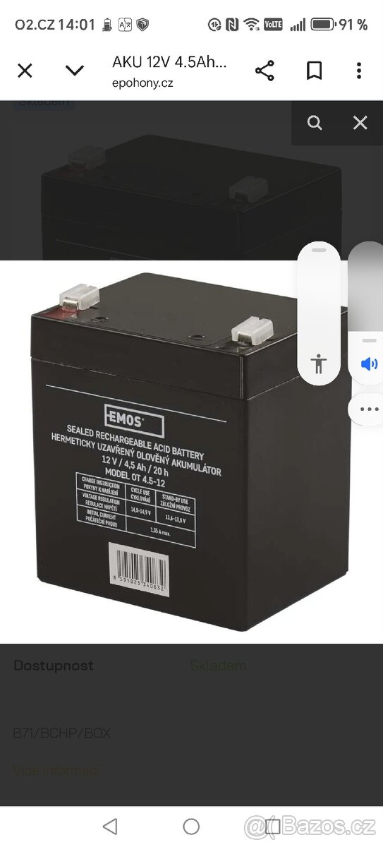 AKU 12V 4.5Ah - Olověný akumulátor 12 V/4,5 Ah, faston