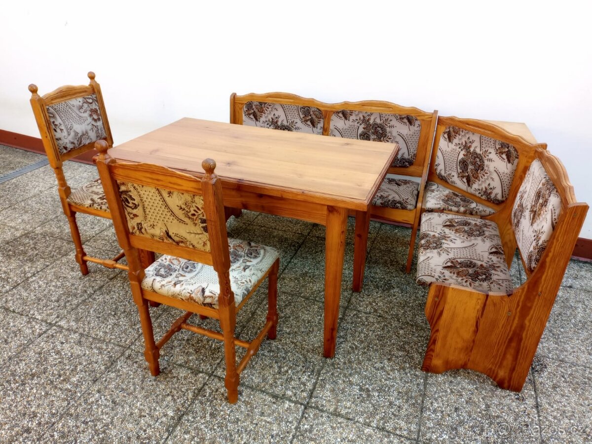 Rustikální jídelní set - lavice, stůl, 2 židle, masívv