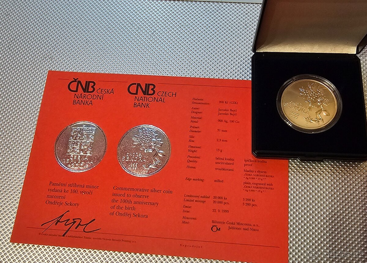 Pamětní stříbrná mince ČNB 200 Kč Ondřej Sekora 1999