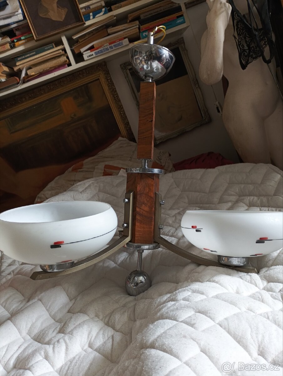 Lustr,art Deco ,dřevo ,chrom sklo