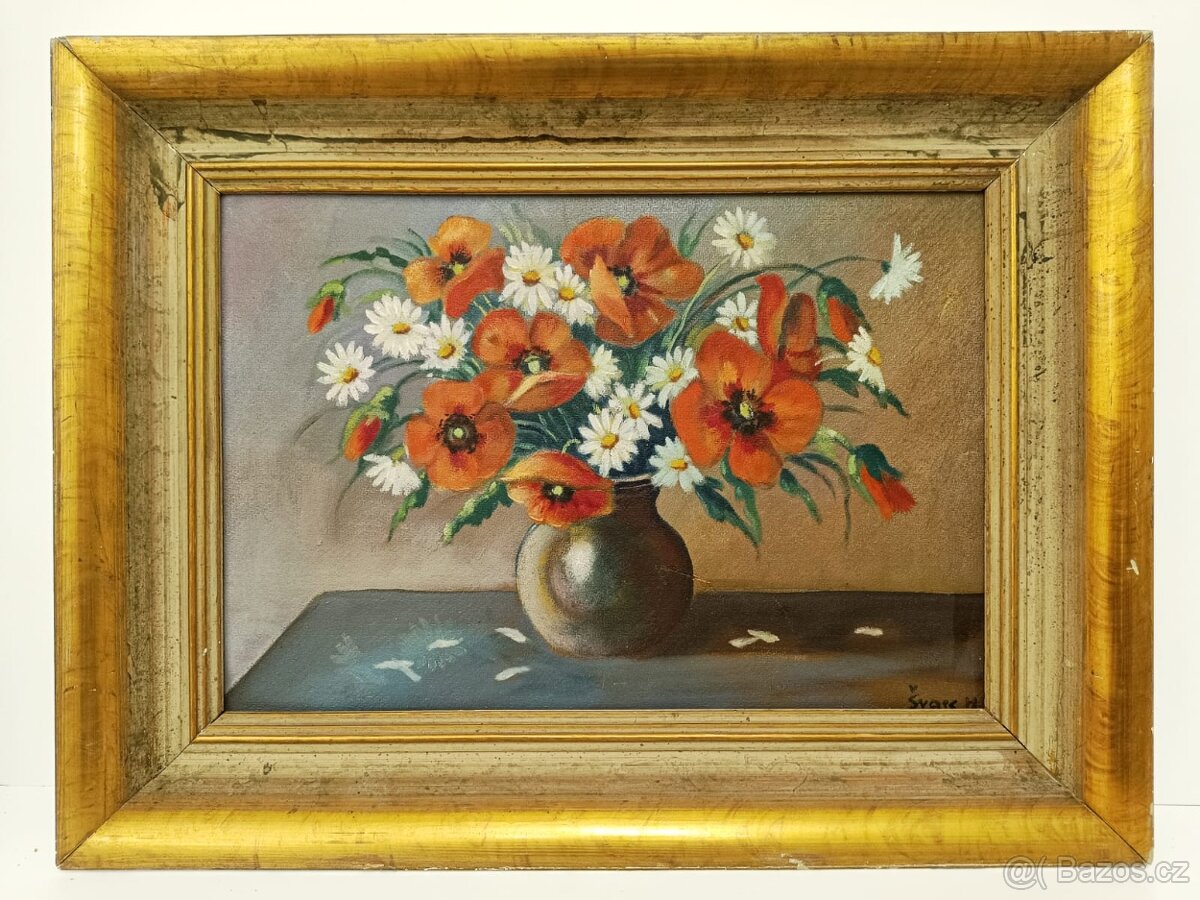Obraz H. Švarc starožitný, Vlčí máky, olej 49x65