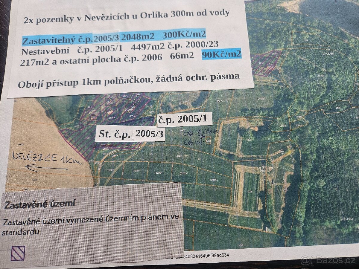 2x pozemek u Orlíka 300m od vody od 90Kč/m2