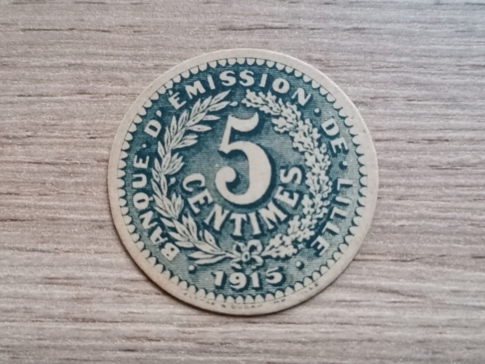 Válečná papírová mince 5 Centimes 1915 Lille Francie