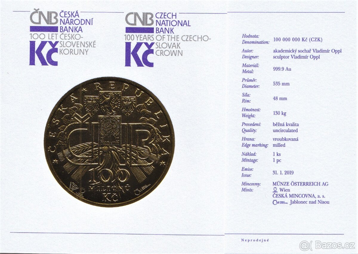Certifikát 100.000.000 Kč,2019 100 let československé koruny