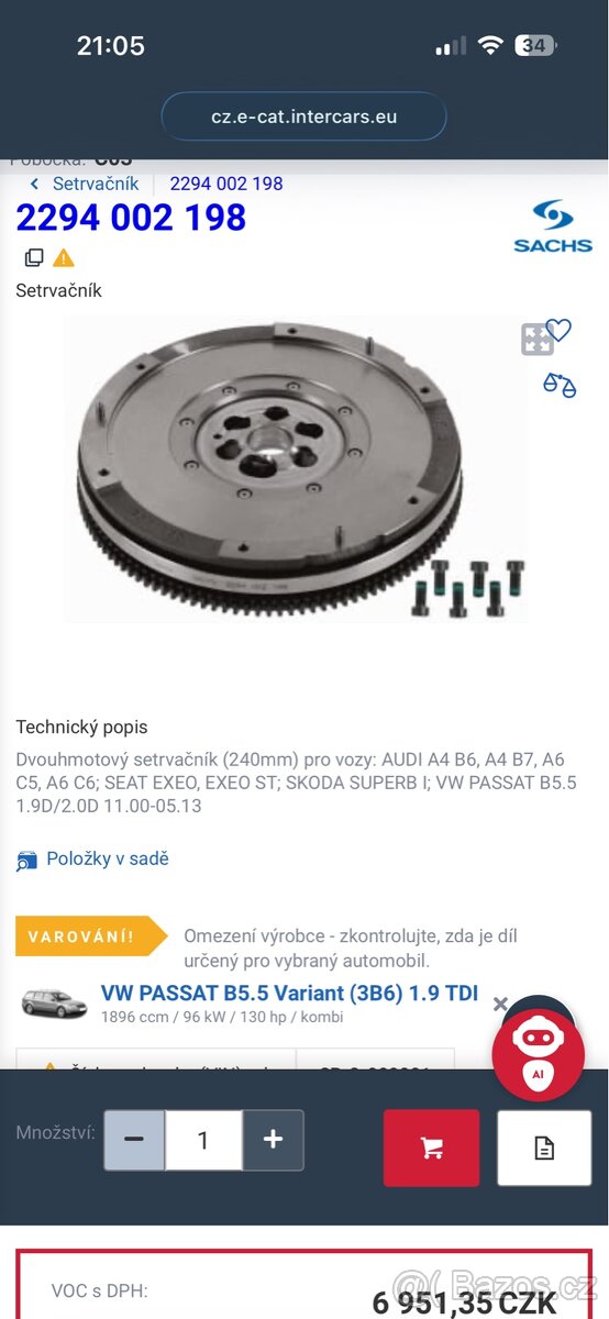 Dvouhmotový setrvačník Sachs - Passat B5.5 1.9 TDI