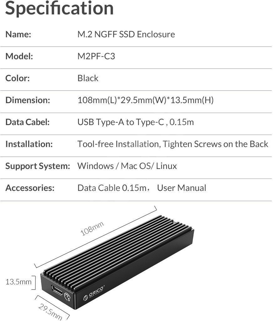 Orico M2PF-C3-BK-EP 5Gbps SATA