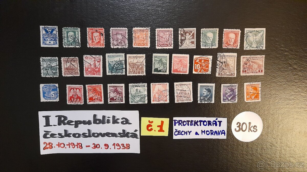 Poštovní známky I.REPUBLIKA + PROTEKTORÁT č.1 30ks