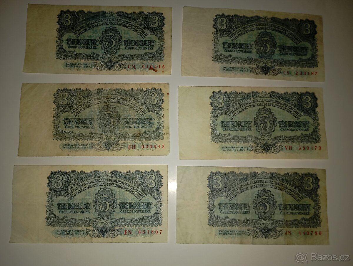 BANKOVKY 3 KČS 1961, 6 RŮZNÝCH SÉRIÍ, VŠE NEPERFOROVANÉ