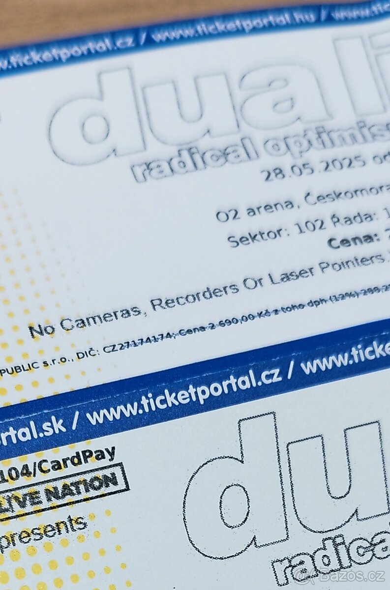 DUA LIPA 28.5 prodám 2 lístky.