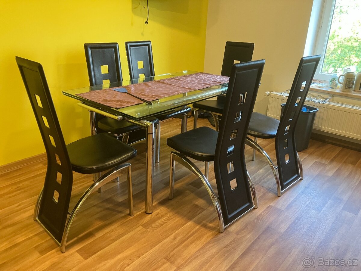 ✅ Jídelní skleněný stůl | rozkládací | chrom/sklo | 6x židle
