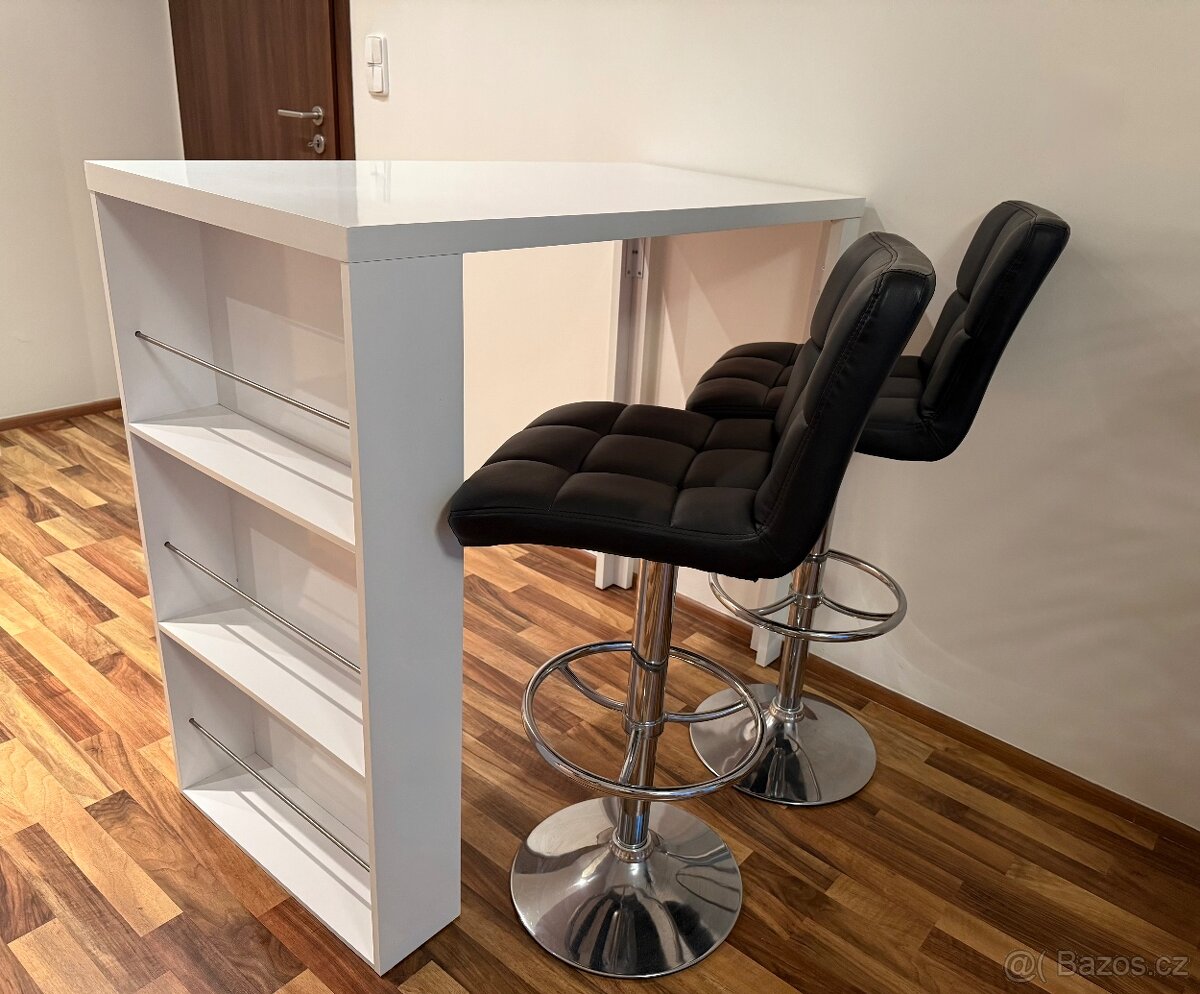 Bílý barový stůl a 2 černé židle - moderní set