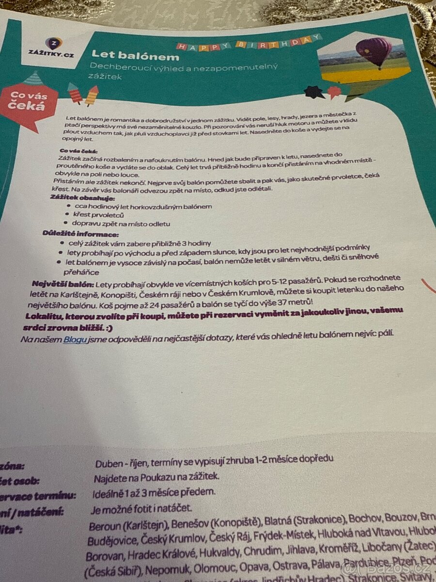 Prodám poukaz na let balonem