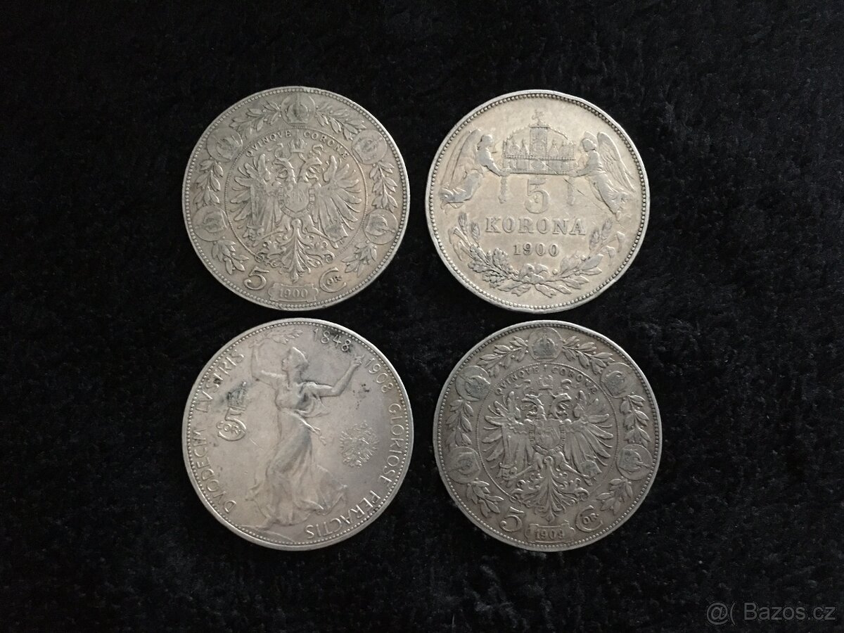 4 kusy stříbrných 5 korun RU F.J.I., každá mince jiná