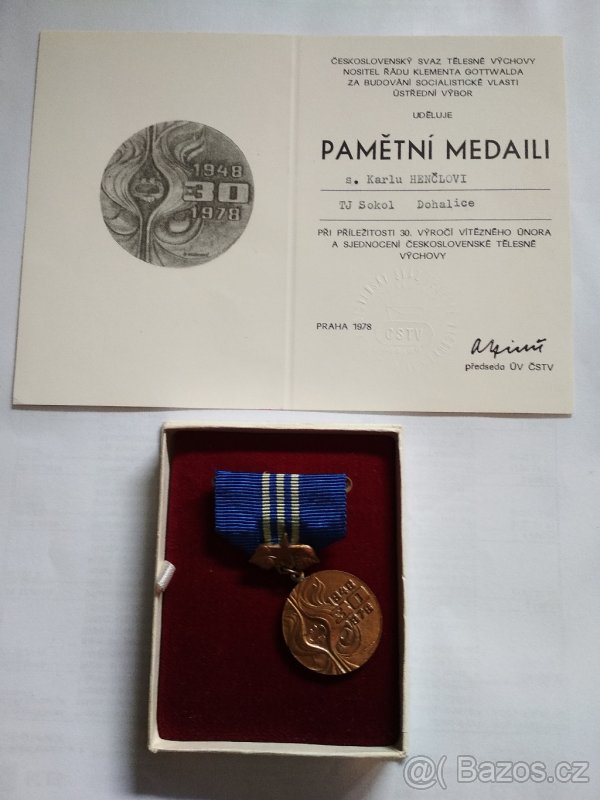 Medaile 30 let sjednocení tělesné výchovy 1948-1978