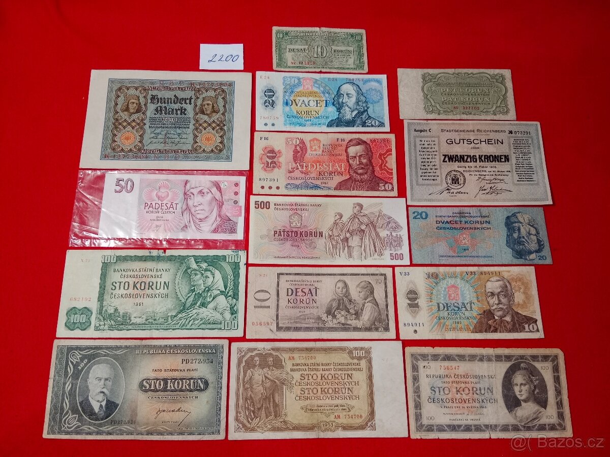 Československé bankovky 13 ks + 2 ks - celkem 15 ks