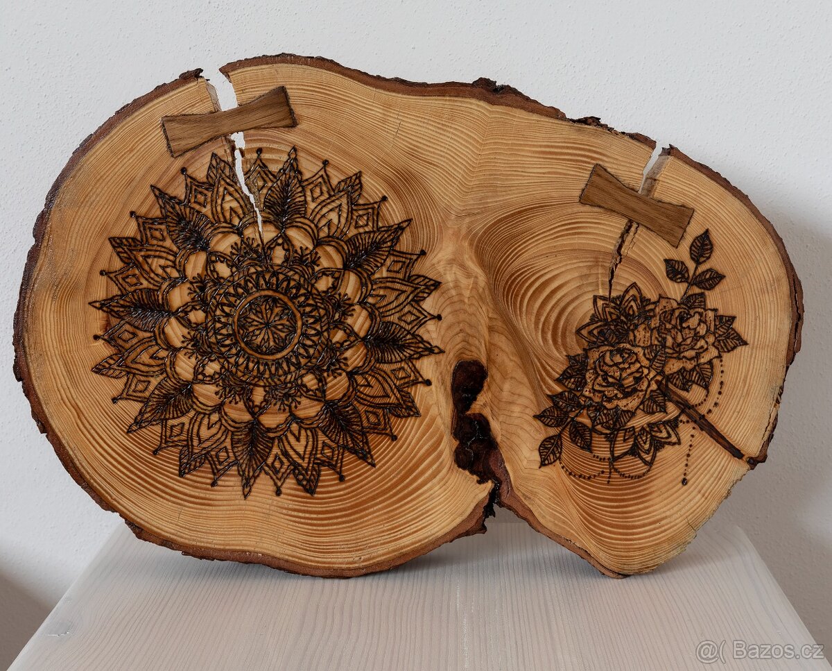 Mandala a růže - pyrografie