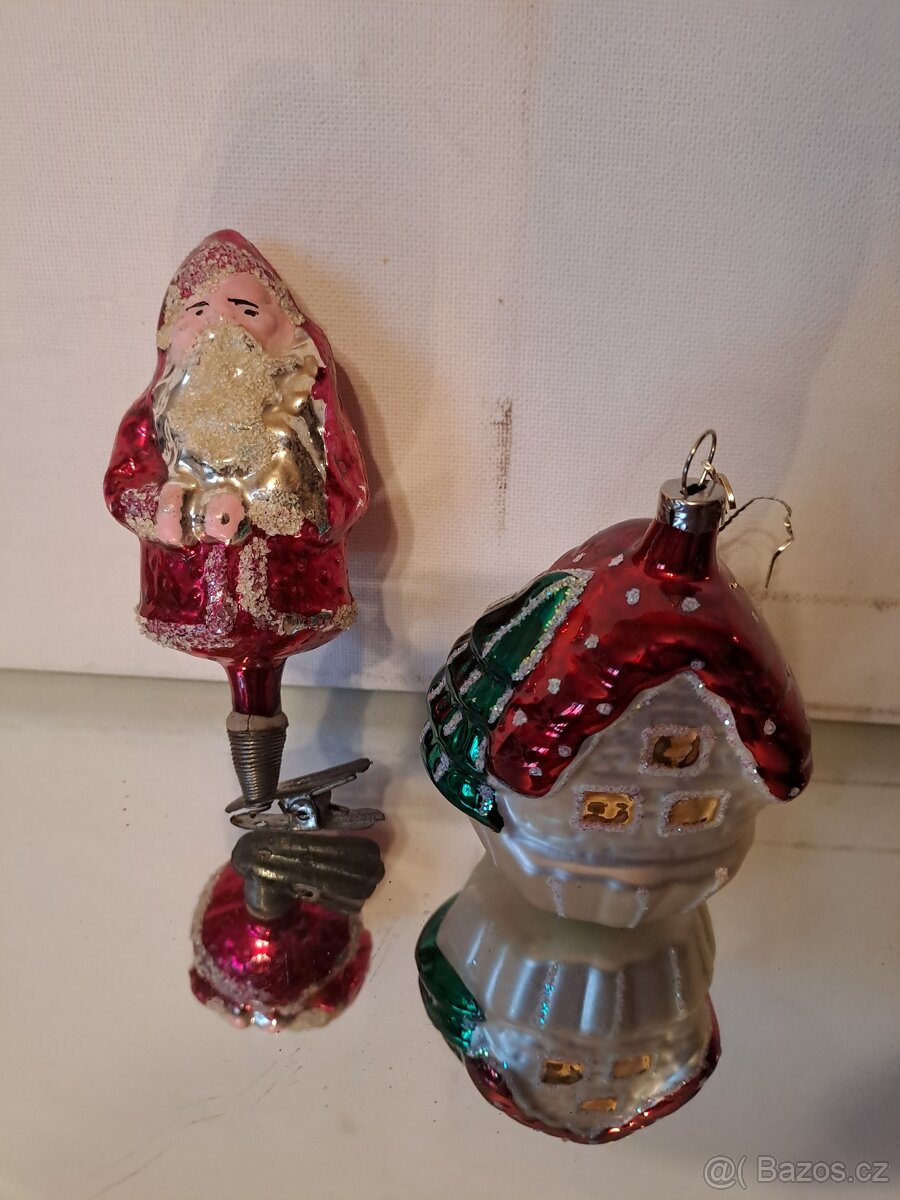 Starožitné vánoční ozdoby Santa Claus a domek