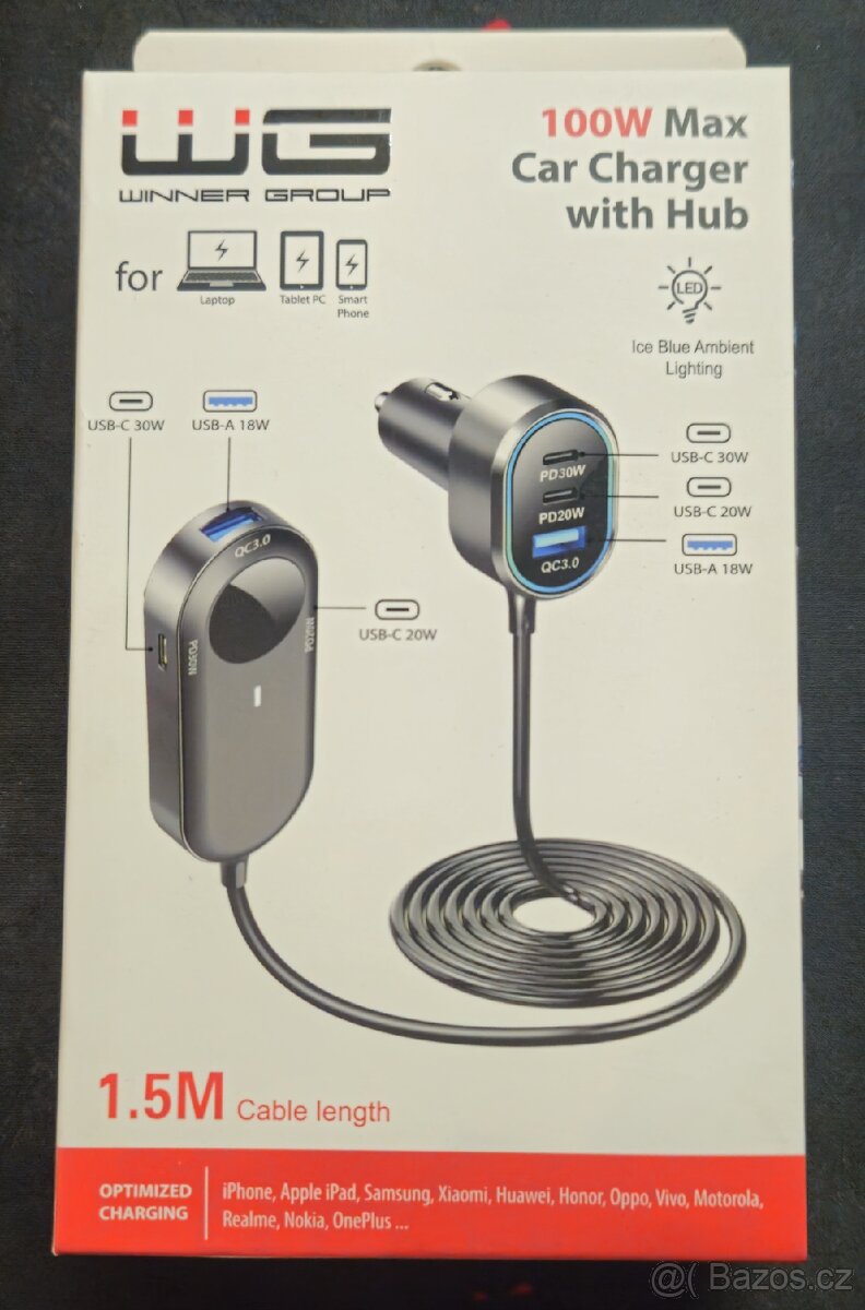 WG autonabíječka s HUB 1,5m - 6x USB 100W Nová