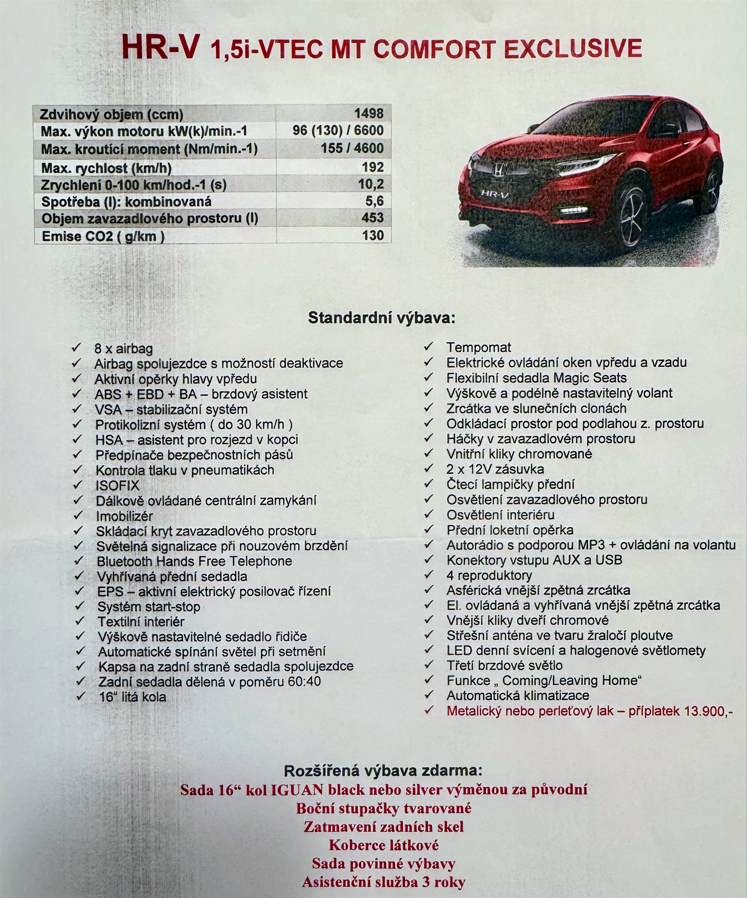 Honda hr-v 1,5i-VTEC MT COMFORT EXCLUSIVE 2019 (44 800km)