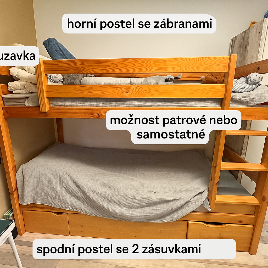 2× dětská postel z masivu + skluzavka, možnost patrové