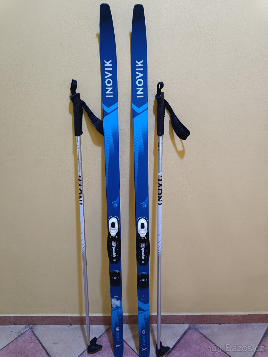 Běžky Inovik,145 cm, vázání Rottefella, hůlky.