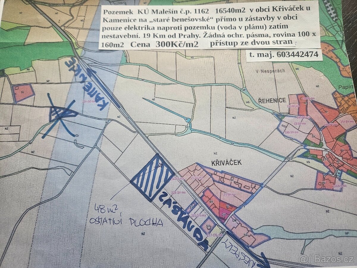 Poz. 16540m2 v Křiváčku u Kamnice 19km j. od Prahy