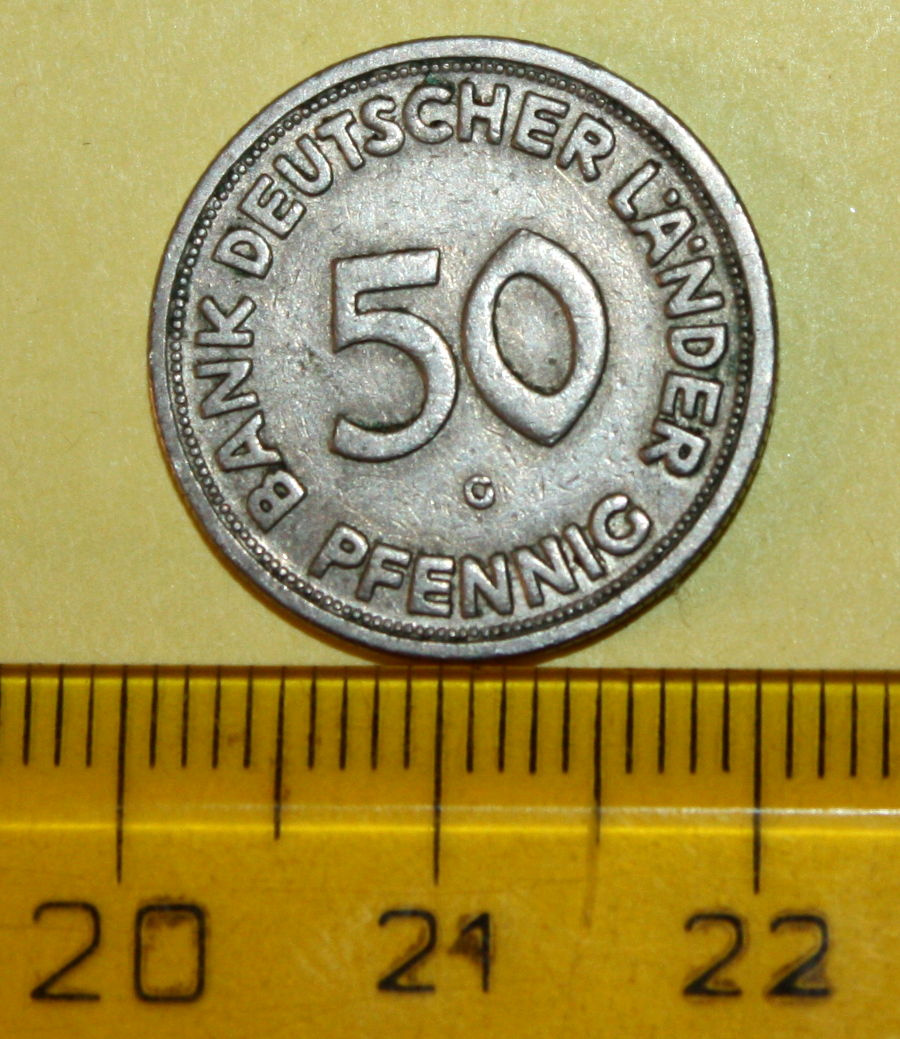 RRR - Mince Německo 50 pfennig 1950 G- Bank Deutscher lander