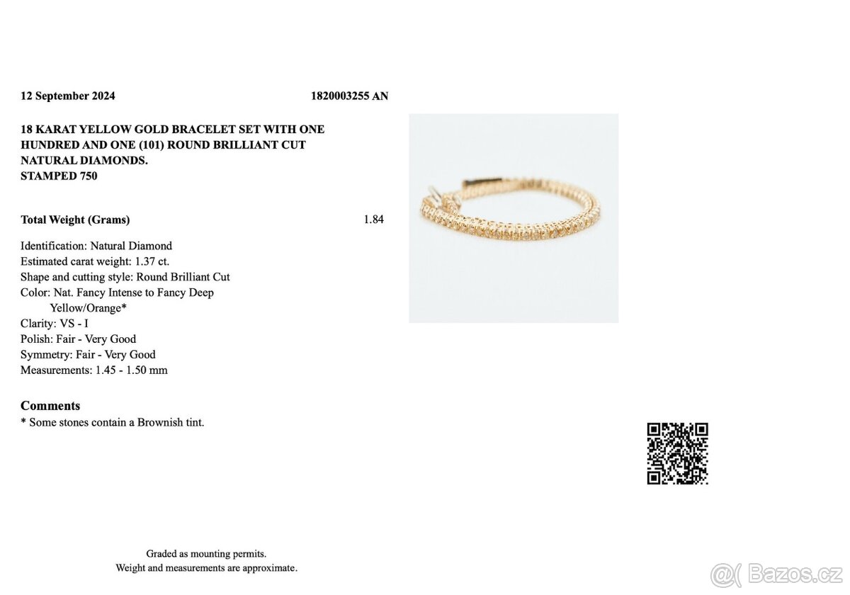 18k náramek s diamanty 1,37ct - certifikát GRA