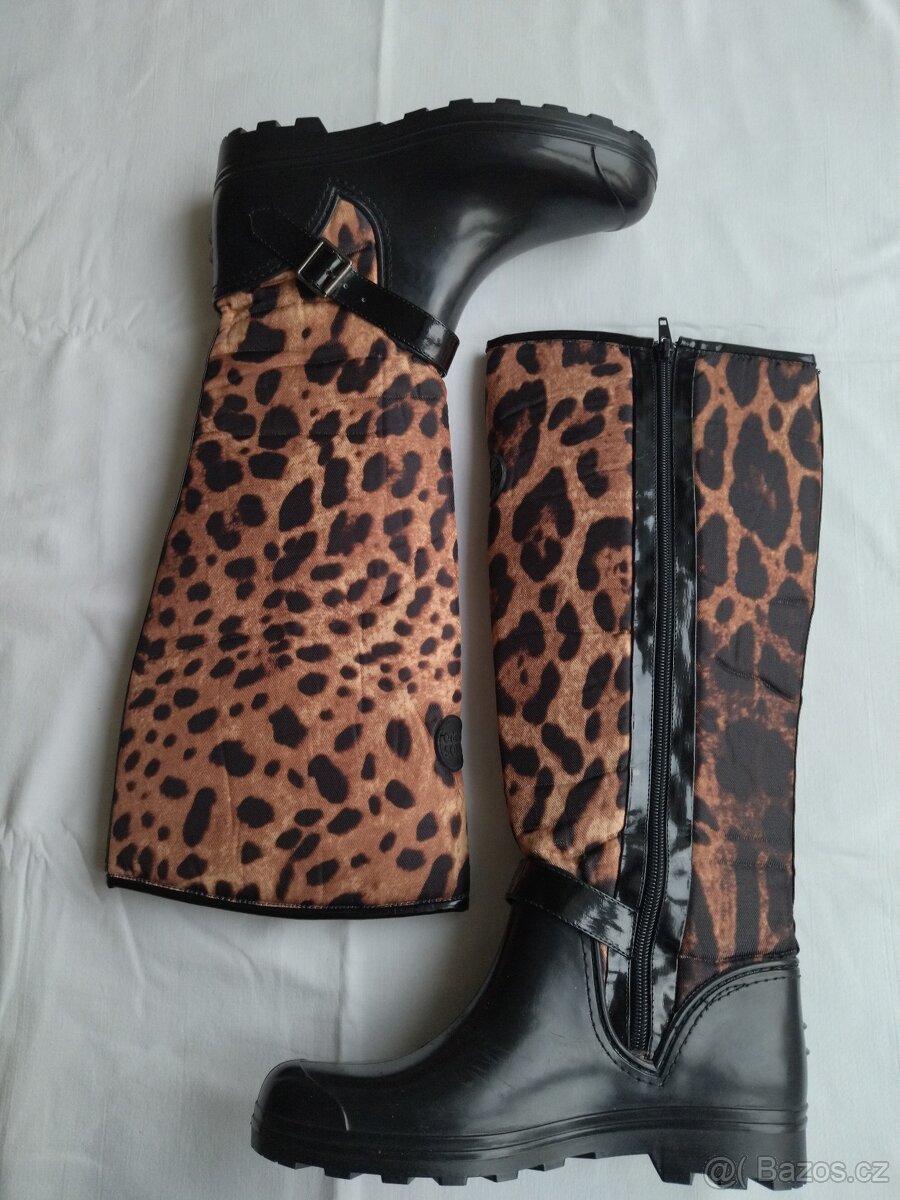 Kozačky holínky černé + leopardí vzor, vel. 37/38