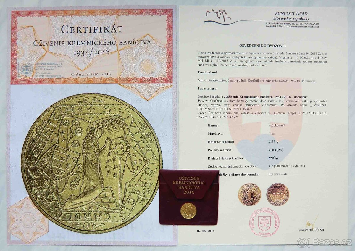 Dukát Oživení kremnickáho bánictva 2016 - pouze 100 kusů