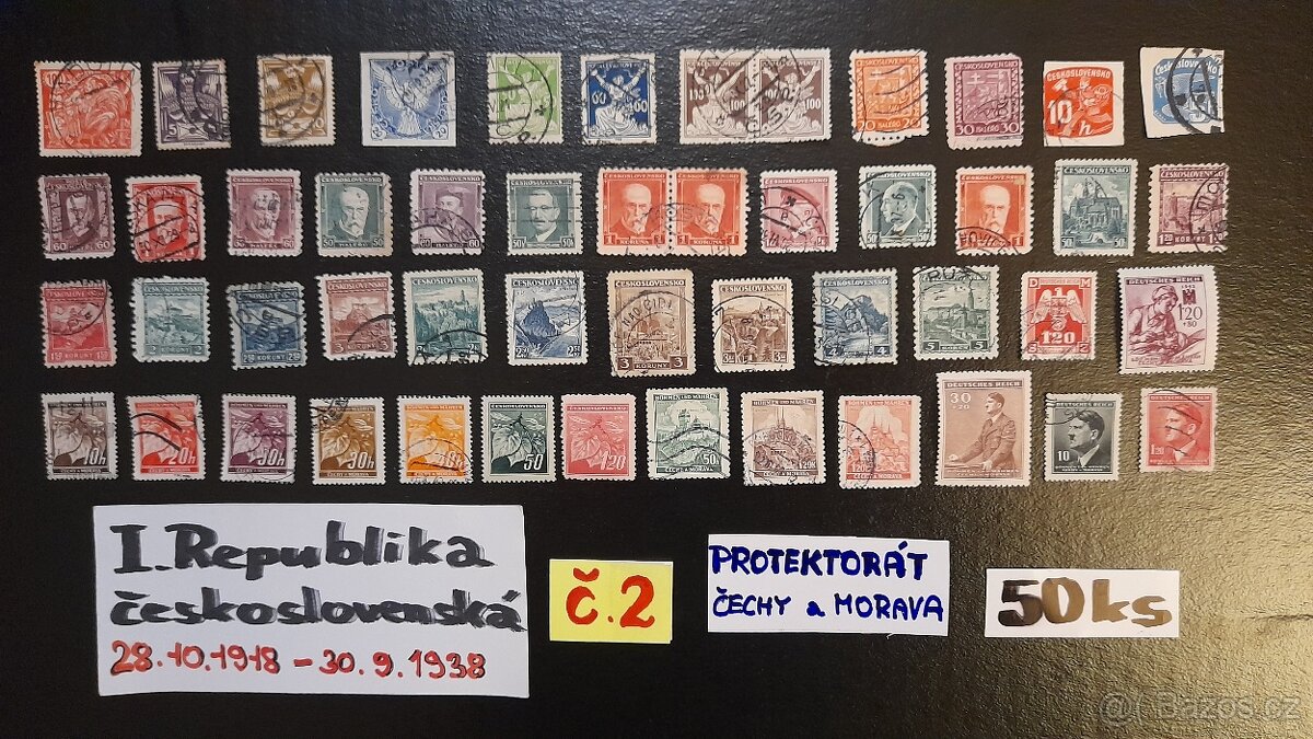Poštovní známky I.REPUBLIKA + Protektorát č.2 50ks