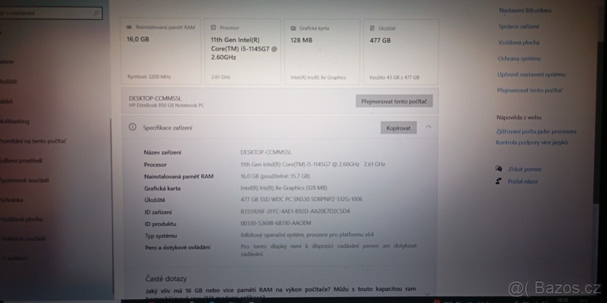 NTB HP EliteBook 850 G8 i5 1145G7 2.6GHz/16GB RAM/512GB SSD