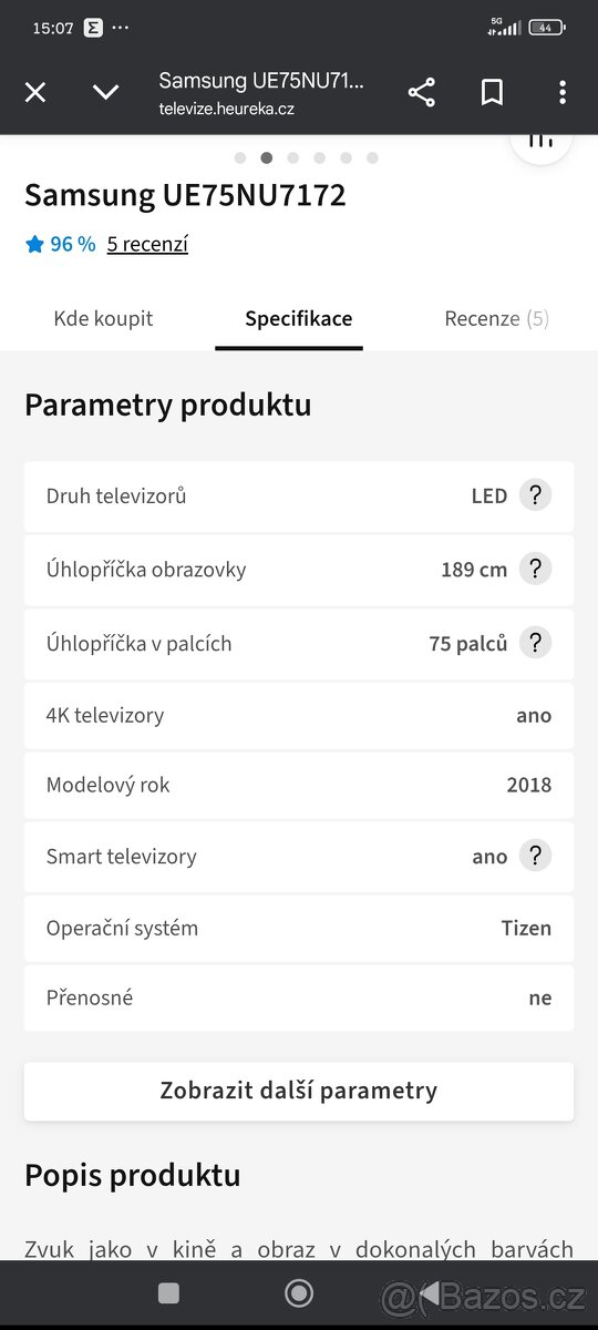 Prodám tv Samsung UE75NU7172 úhlopříčka 189cm
