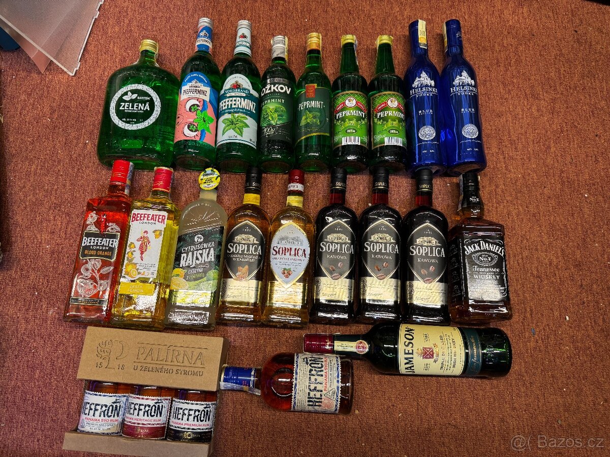 láhve Jack Daniels, Beefeater, Heffron, zelená