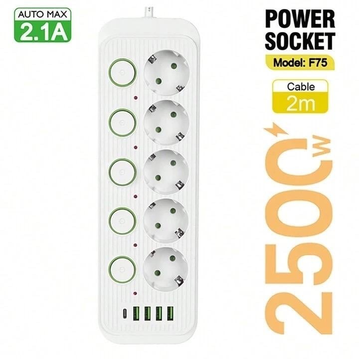 Prodlužovací kabel pro 5 zásuvek /4xusb-A+usb-c/2m kabel/250