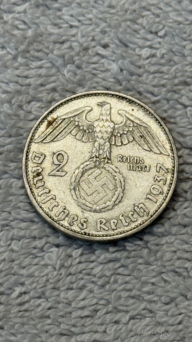 Německo – 2 Reichsmark 1937 (Paul von Hindenburg, Ag 625/100