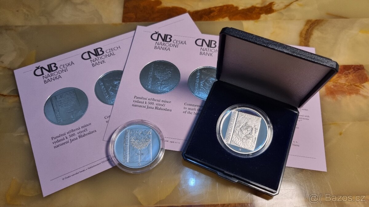 2 x Stříbrné mince ČNB Jan Blahoslav ve kvalitě PROOF+STAN