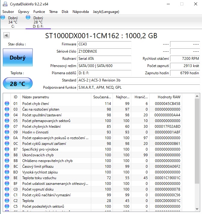 SSHD Seagate disk s kapacitou 1 Tb, v provozu 6799 hodin