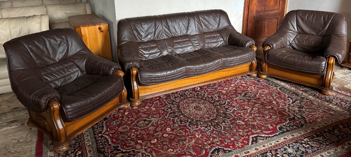 Luxusní dubová rustikální kožená sedací souprava, č.2948