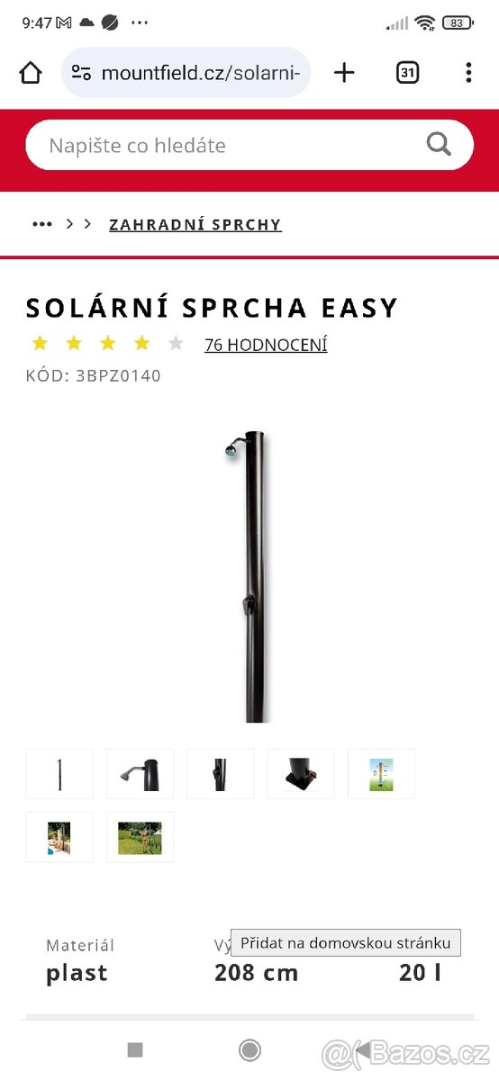 NOVÁ SOLARNI SPRCHA Z MOUNTFIELDU + HADICE +STOJAN