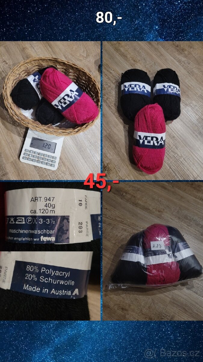Příze na pletení/háčkování/vyšívání (bavlna, vlna, akryl)