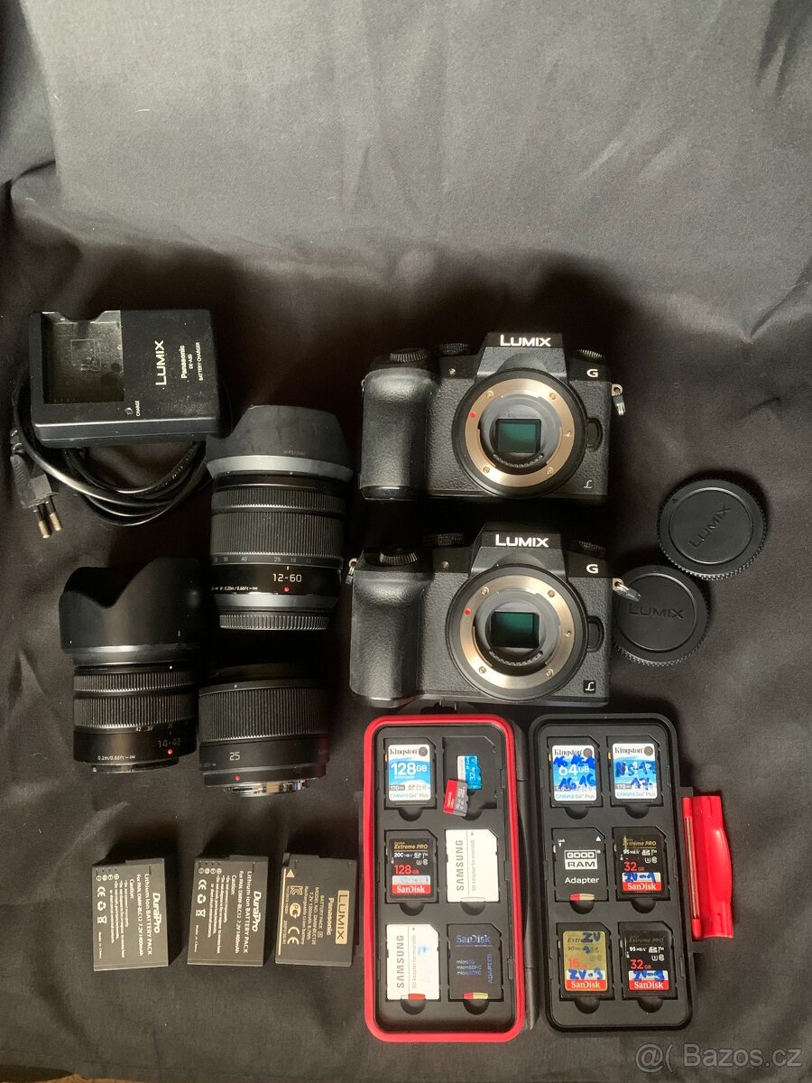 2x Lumix G7 + 3x objektiv + 13x paměťová karta + 3x baterie