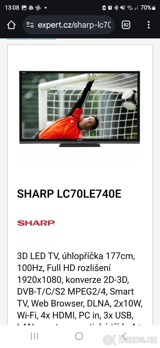 Prodam televizi Sharp LC-70LE740E úhlopříčka 177 cmtelevizi