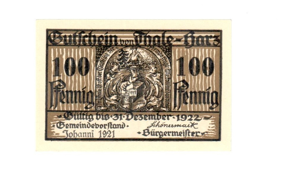 Nouzová bankovka 100 Pfennig 1921, Thale am Harz