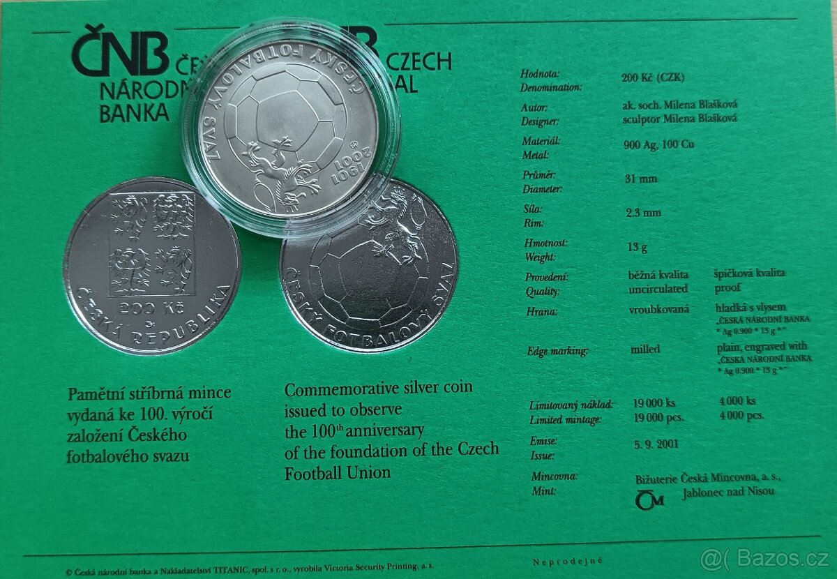 200kč ČNB 2001 - Výročí českého fotbalového svazu