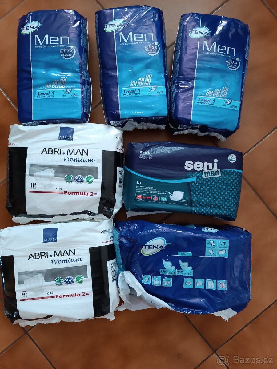 Pánské vložky, inkontinenční pomůcky Abri, Tena, Seni