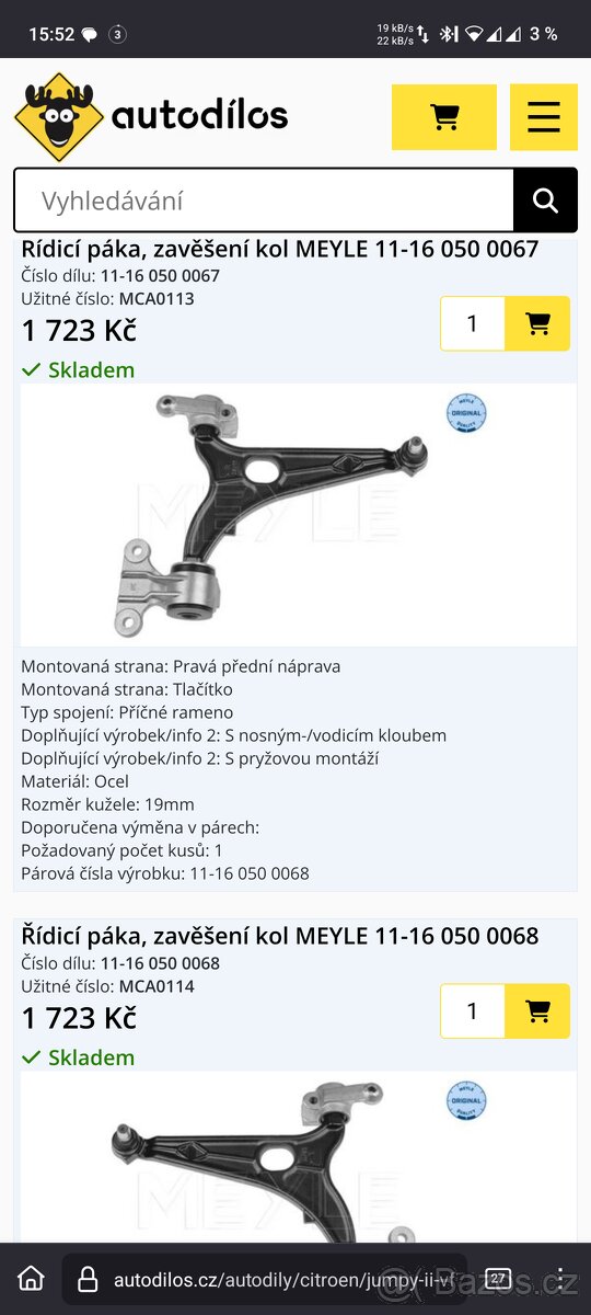 Přední ramena Meyle Citroen Jumpy, Fiat Scudo, Peugeot exper